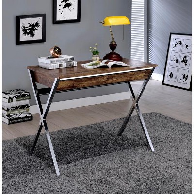 Vynxaria Writing Desk with Chrome-Trimmed Oak Vintage-Industrial Style Functional for Home Office Creative Spaces