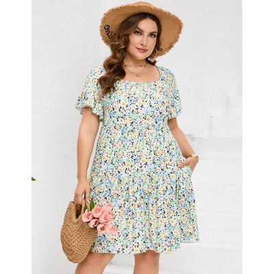 Clearlove Plus Size Dress Women's Plus Size Floral V-Neck Dress Short Sleeve Knee Length A-line Mini Dresses