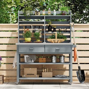 Whisen 64.9"H Outdoor Potting Bench Table with Lockable Wheels, Solid Wood Outdoor Kitchen Island with Upper Hutch and Towel Rack - 1 of 4