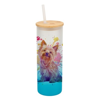 100 North 25 Ounce Frosted Glass Gradient Travel Tumbler With Straw & Wooden Lid, Yorkshire Terrier Paint Splatter Sky Blue