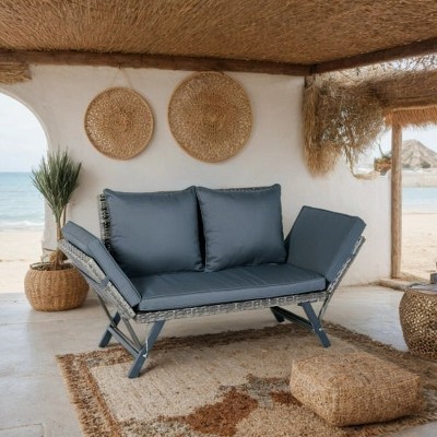 Dracelo 1-Piece Wicker Patio Folding Bench Grey Wicker + Dark Grey Cushions