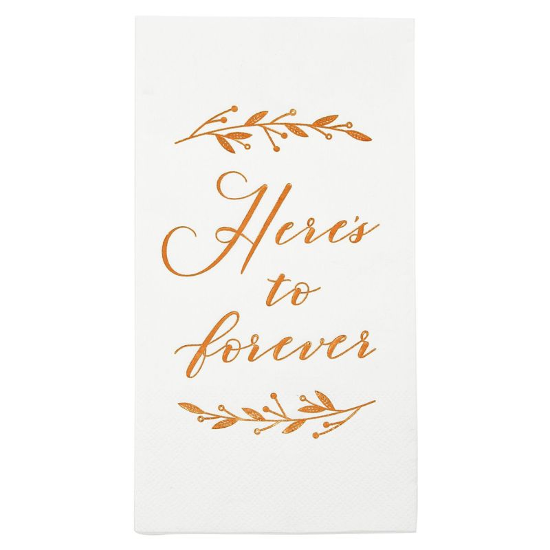 Sparkle and Bash 100 Pack White Napkins for Wedding Reception with Rose Gold Foil Accents, Here's To Forever, 3-Ply, 4 x 8 In, 4 of 6