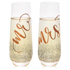 Juvale Set of 2 'Mr and Mrs' Champagne Toasting Flutes for Bride and Groom, Stemless Wedding Wine Glasses, Rose Gold - 1 of 4