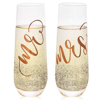 Juvale Set of 2 'Mr and Mrs' Champagne Toasting Flutes for Bride and Groom, Stemless Wedding Wine Glasses, Rose Gold