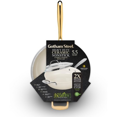 Cream 5.5 Qt Nonstick Ceramic Jumbo Cooker with Gold Handles