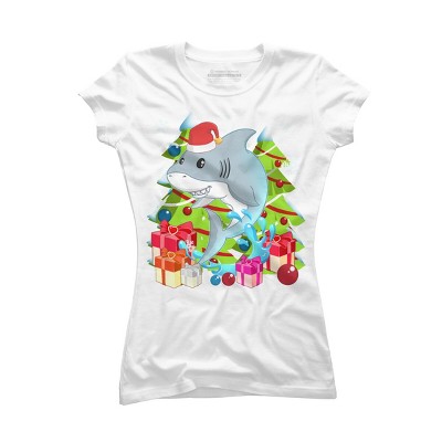 Junior's Design By Humans Funny Santa Shark Christmas T-Shirt By thebeardstudio T-Shirt