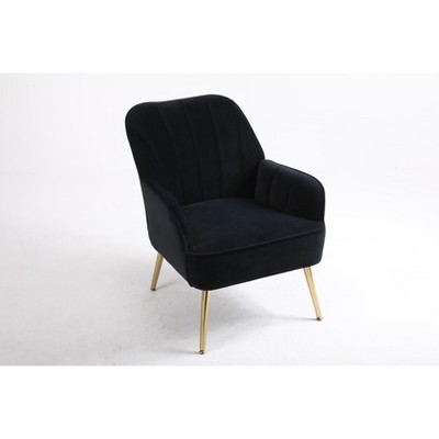 Vynxaria Black Velvet Fabric Accent Chair with Gold Legs for Living Room and Bedroom