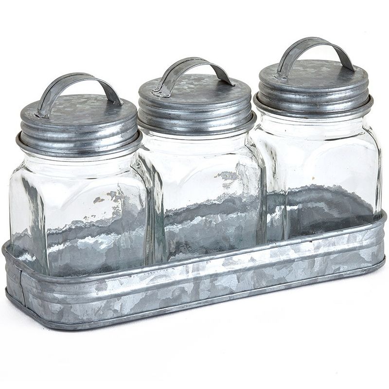 The Lakeside Collection Set of 3 Glass Canisters in Galvanized Tray, 1 of 7