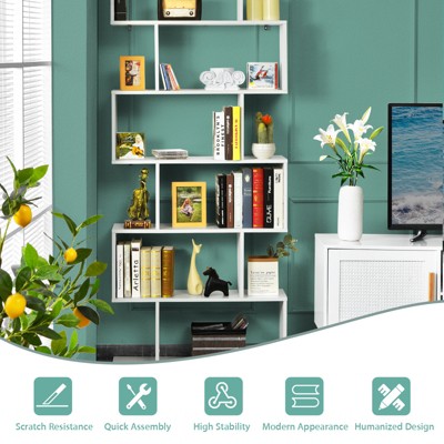 White S-Shaped 6-Tier Wooden Geometric Bookcase
