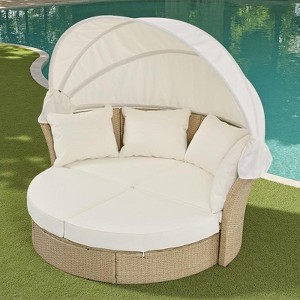 57" Outdoor Patio PE Rattan Round Daybed Sunbed with Retractable Canopy and 4 Pillows - 1 of 4