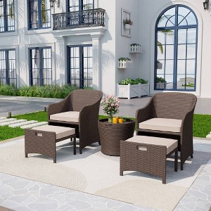 5pc Rattan Conversation Set with Chairs, Ottomans & Storage Side Table - Captiva Designs: Powder-Coated Steel Frame, Fade-Resistant - 1 of 4