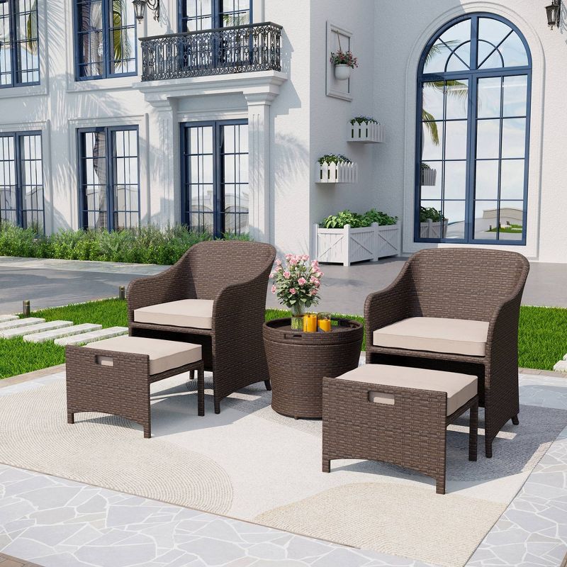 5pc Rattan Conversation Set with Chairs, Ottomans &#38; Storage Side Table - Captiva Designs, 1 of 16