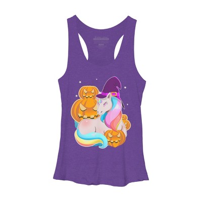 Women's Design By Humans Cute Unicorn With Jack O Lantern Halloween T Shirt By thebeardstudio Racerback Tank Top