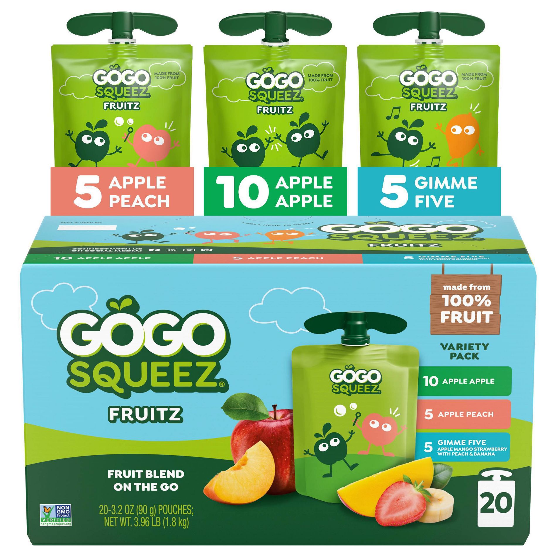 GoGo SqueeZ No Sugar Added Applesauce and Fruit Puree Apple Peach & Gimme Five! Variety Pack - 3.2oz/20ct