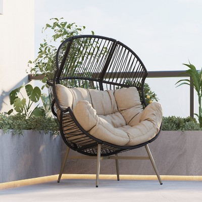 Okak Modern Faux Wicker Patio Egg Chair Rattan Accent Chairs with Whole Upholstery&Armrest,Chic Accent Chair for Porch,Backyard&Garden,Black/Khaki