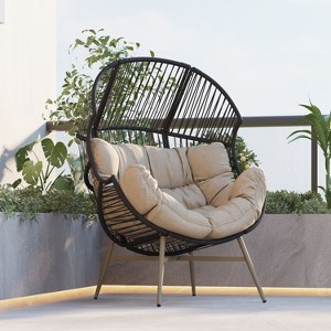 Okak Modern Faux Wicker Patio Egg Chair Rattan Accent Chairs with Whole Upholstery&Armrest,Chic Accent Chair for Porch,Backyard&Garden,Black/Khaki - 1 of 4