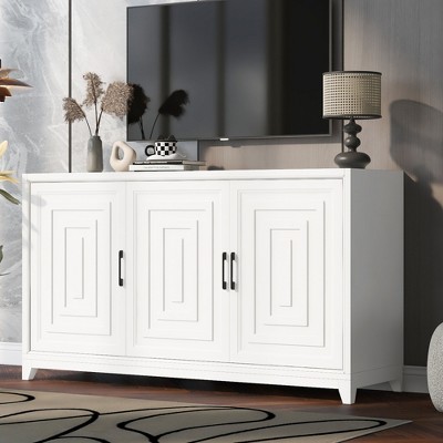 JUJABU Modern TV Console with Storage for up to 65" TVs, Entertainment Cabinet with Solid Wood Legs for Living Room - White
