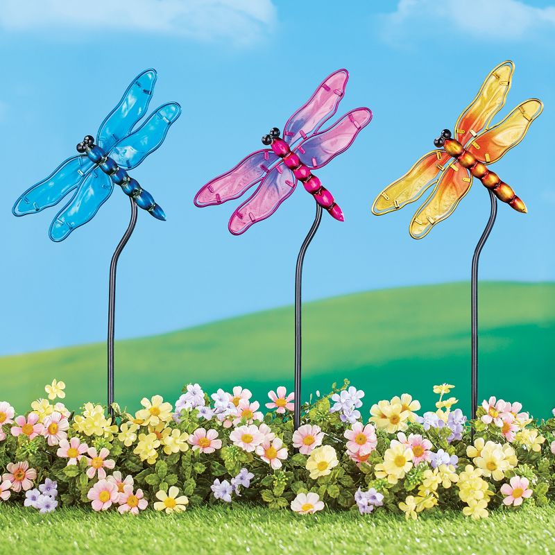 Collections Etc Glass Dragonfly Garden Stakes - Set of 3 NO SIZE, 2 of 3