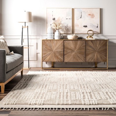 Crissy Crosshatch Shag Wool and Cotton Beige Area Rug
