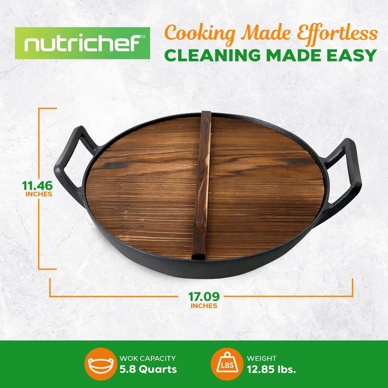 NutriChef Pre Seasoned Nonstick Cooking Wok Cast Iron Kitchen Stir Fry Pan with Wooden Lid for Gas, Electric, Ceramic, & Induction Countertops, Black, 4 of 8