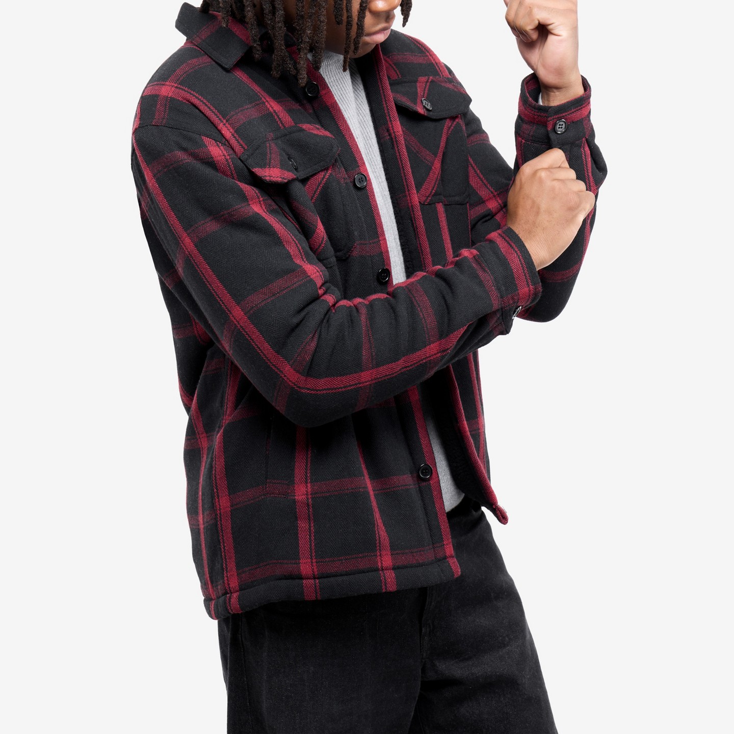 Мужская куртка X RAY Cotton Plaid Flannel Shirt Jacket With Faux Shearling Lining in WHITE/BLACK, цвет: Чёрный — фото 3