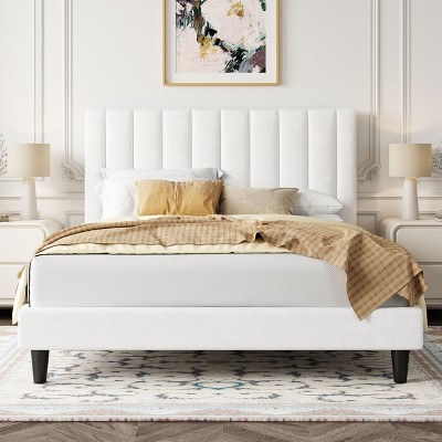 Allewie Bed Platform Frame/Velvet Upholstered Bed Frame with Vertical Channel Tufted Headboard/Strong Wooden Slats/Box Spring Optional