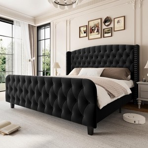 51" Tall Queen/King Size Bed Frame with Deep Button Tufted Wingback Headboard and Footboard, Velvet Upholstered Platform Bed Frame, Easy Assemble - 1 of 4