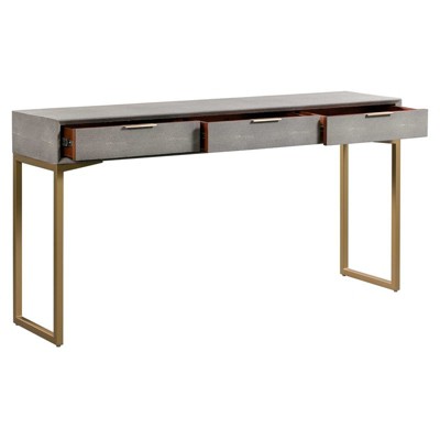 Gray Shagreen Wood and Brass Console Table with Storage