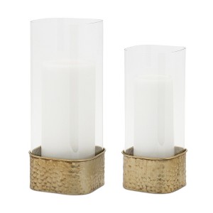 HomeRoots Set of Two Clear And Gold Hammered Glass And Metal Tabletop Hurricane Candle Holders - 1 of 4