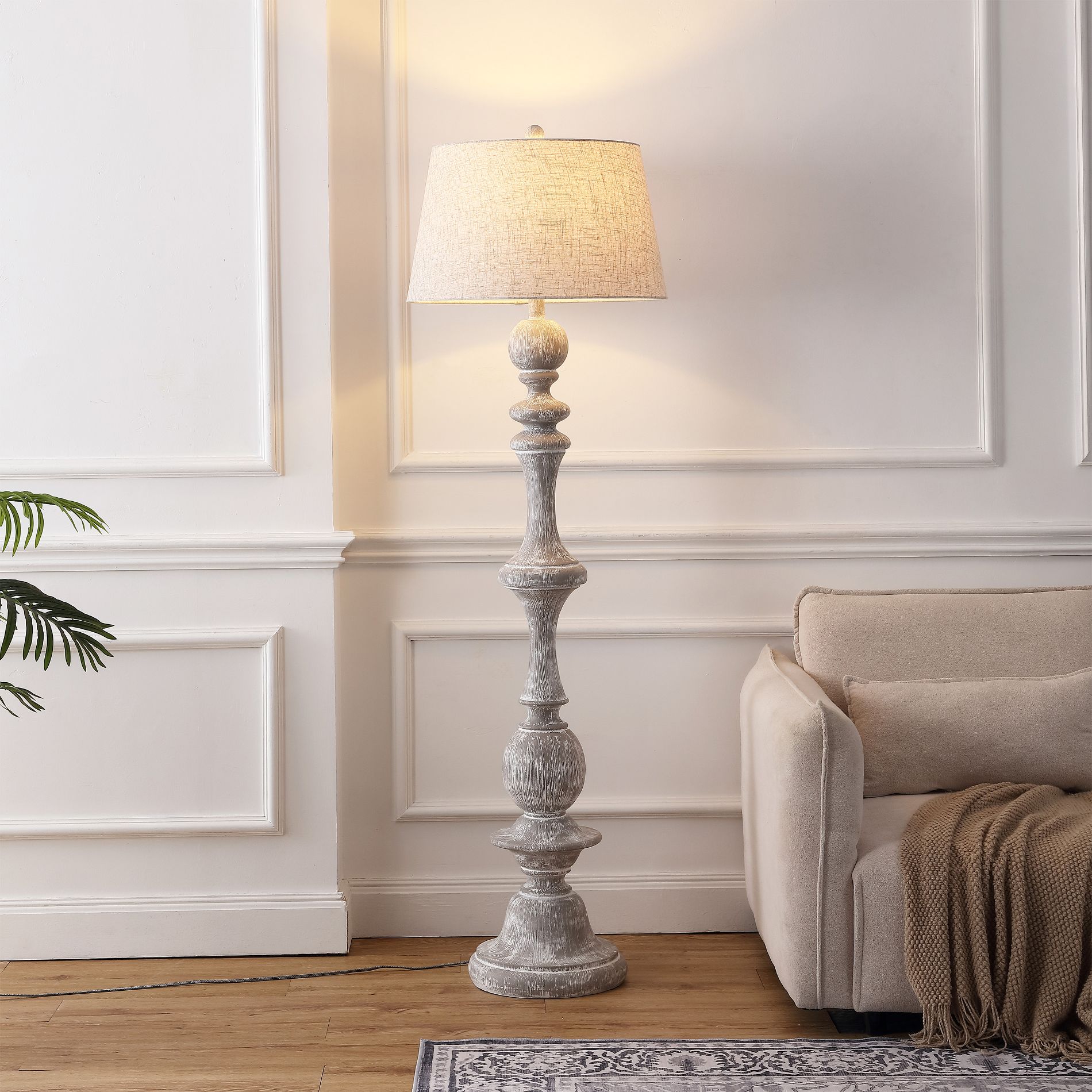 JONATHAN Y Taylor 67" Rustic Farmhouse Spindled Resin LED Floor Lamp, Gray Wash