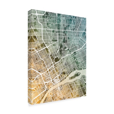 Trademark Fine Art -Michael Tompsett 'Detroit Michigan City Map Teal Orange' Canvas Art