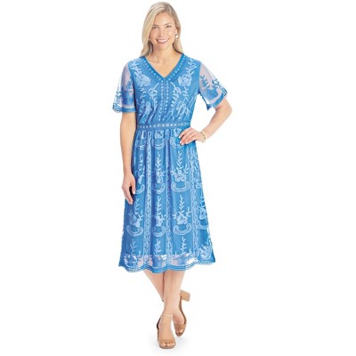 Collections Etc Elegant V-Neck Embroidered Dress with Sheer Short Sleeves