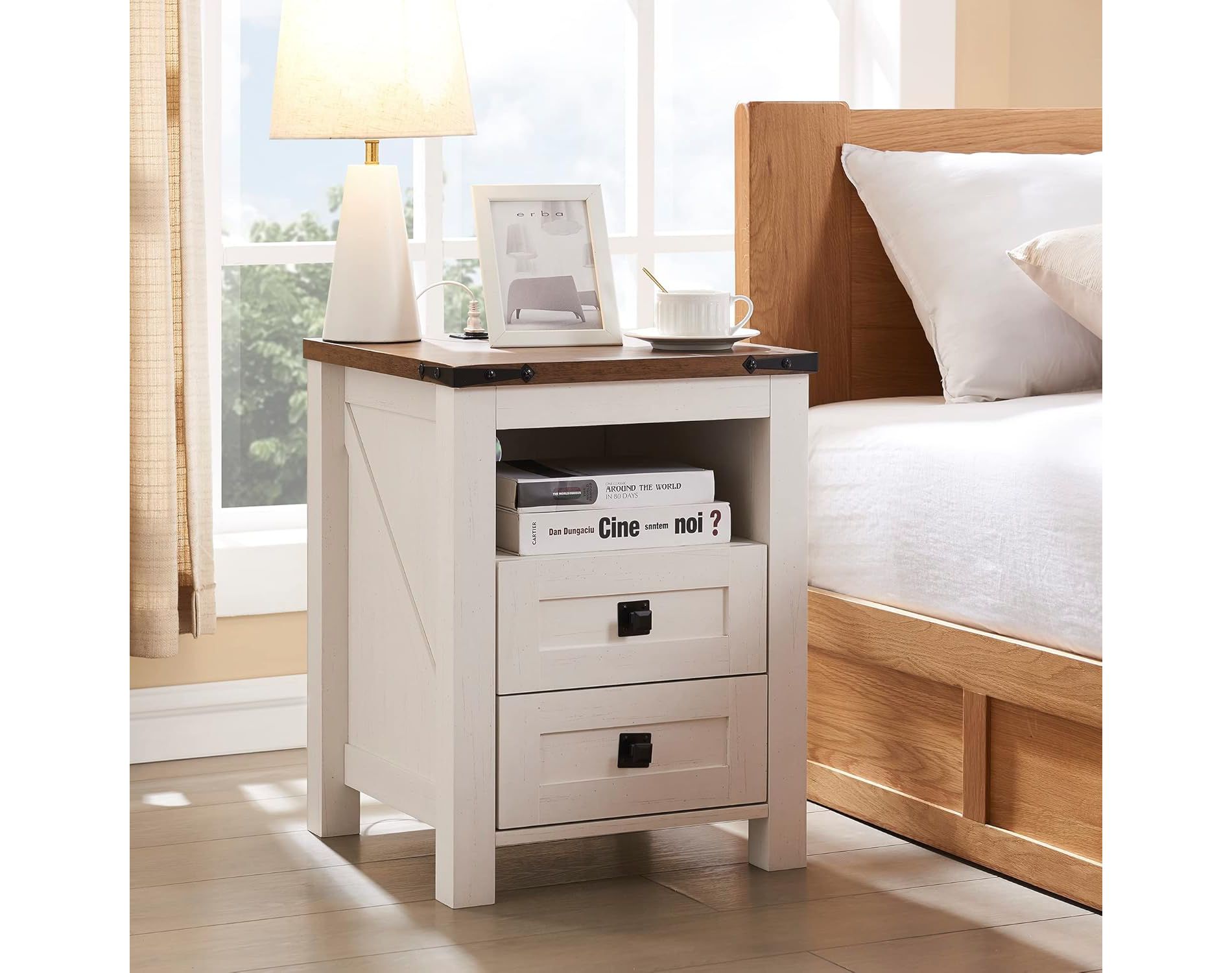 Farmhouse Nightstand wtih Charging Station, 18" End Table Side Table with 2 Drawers for Bedroom, Living Room