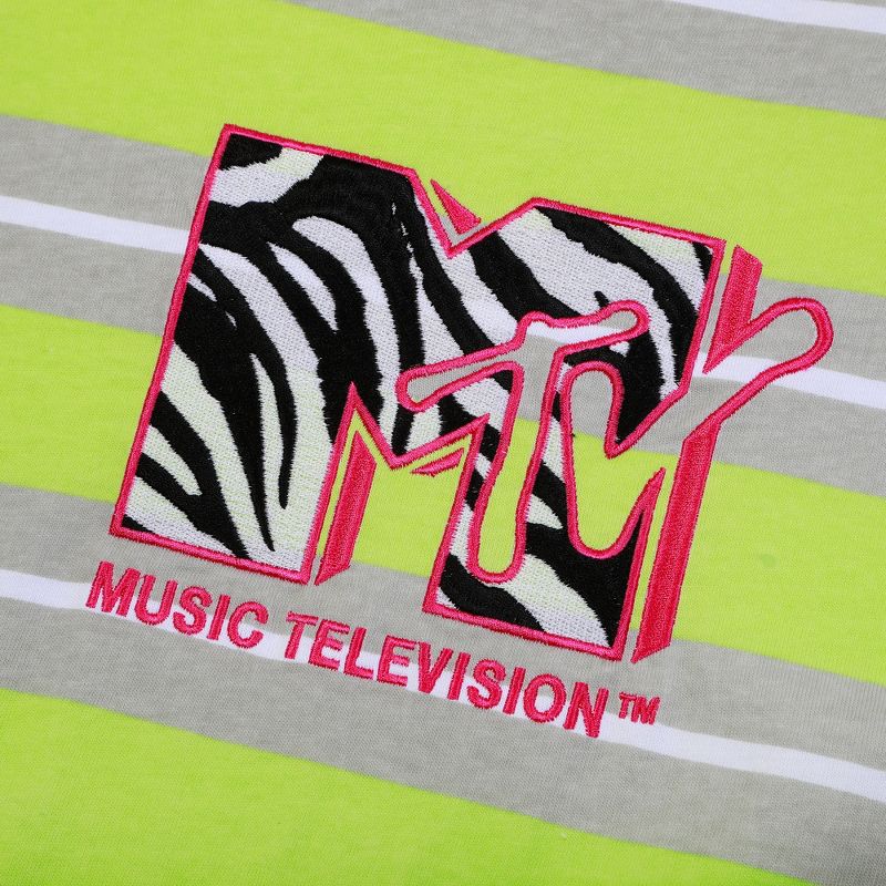 MTV Embroidered Zebra Print Logo Crew Neck Short Sleeve Lime & Gray Striped T-shirt, 2 of 3