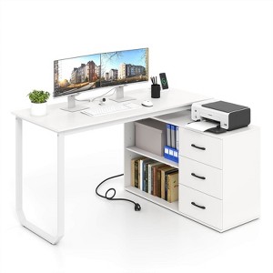 Costway L-Shaped Desk with Power Outlet 55" Reversible Computer Desk with 3 Drawers Brown/White - 1 of 4