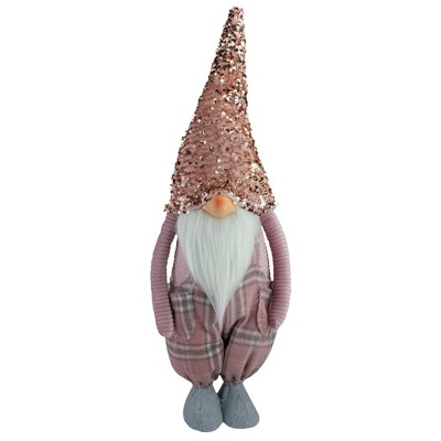 Northlight 24" Pink and Gray Plaid Christmas Gnome with a Rose Gold Hat