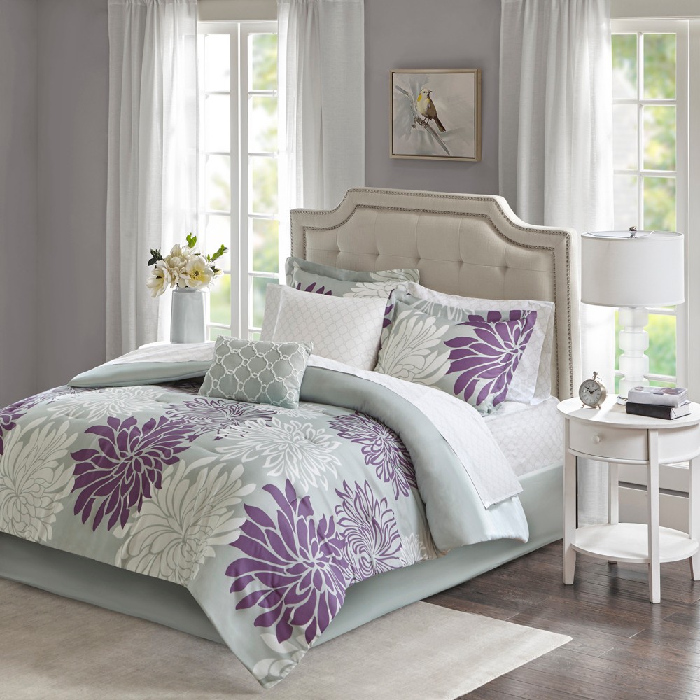 Photos - Duvet Madison Park 9pc Full Calla Comforter and Cotton Sheet Set Purple: Embroid