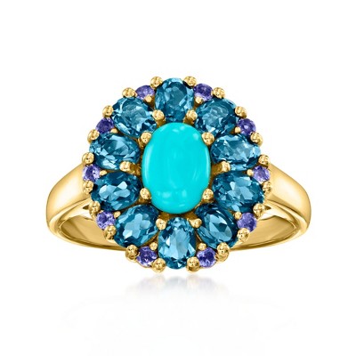 Ross-Simons Turquoise, 2.00 ct. t.w. London Blue Topaz and .10 ct. t.w. Iolite Ring in 18kt Gold Over Sterling