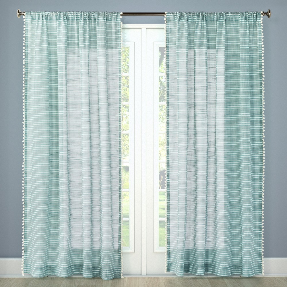 1pc 54"x108" Sheer Pom Striped Curtain Panel Aqua - Threshold