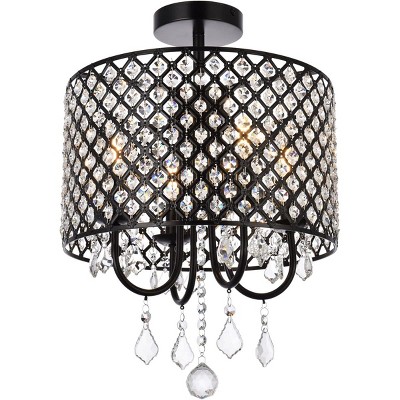 Luxe Crystal Lattice 14" Black Iron 4-Light Flush Mount