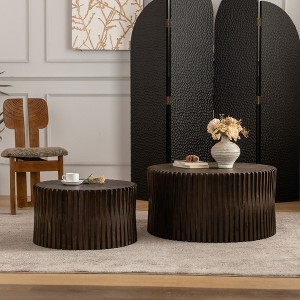Okak Nesting Coffee Table Set of 2, Ribbed Cylinder End Tables, Vintage Farmhouse Style for Living Room Office Balcony Yard, Dark Brown - 1 of 4