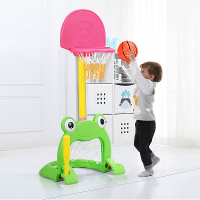 Costzon Toddler Basketball Hoop, 3-in-1 Sports Set with 6-Height Adjustments, Basketball, Baseball & Football Toy for Indoor/Outdoor (Cute Frog)