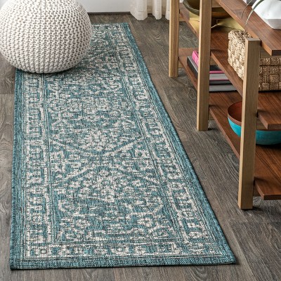 Teal and Gray Synthetic Medallion Runner Rug, 2'-2" x 8'