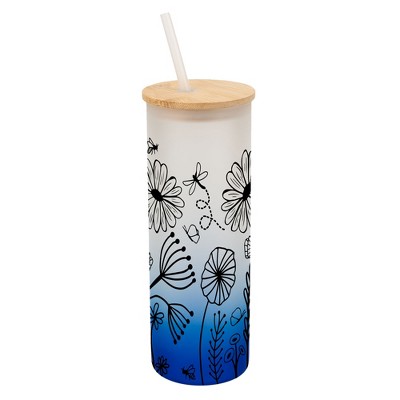 Elanze Designs Dragonfly Butterfly Bee Flower Garden Wrap-Around Design 25 Ounce Frosted Gradient Glass On-The-Go Coffee Travel Skinny Tumbler Mug