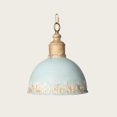 Vintage Farmhouse Pendant Light, Handcrafted Rustic Blue-Green Metal Dome Lamp, Distressed Finish, UL Listed