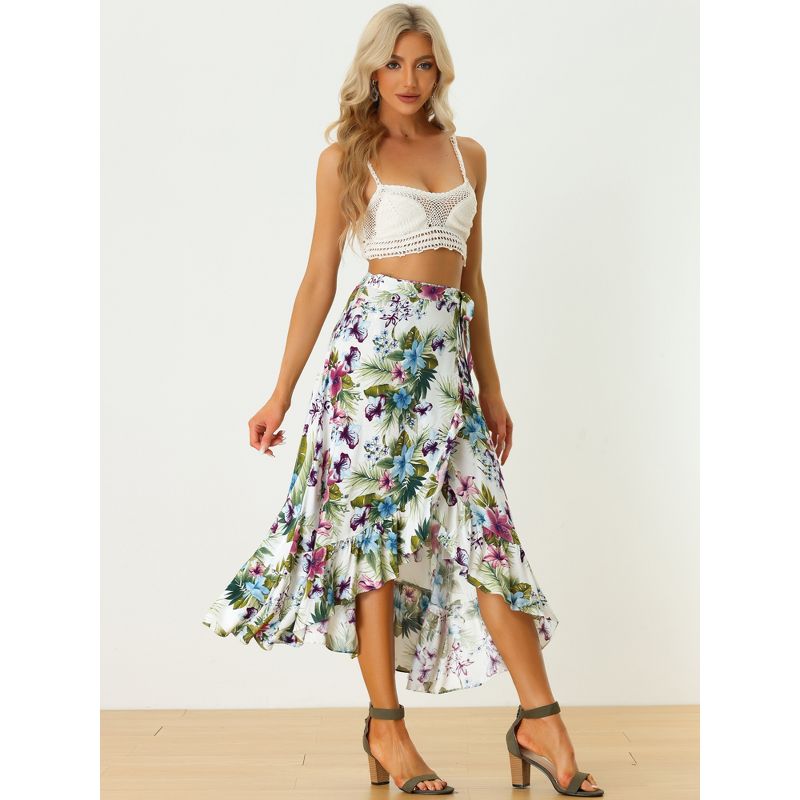Allegra K Women's Tropical Floral Print Ruffle Self Tie Knot Split Beach Wrap Midi Skirt, 3 of 7