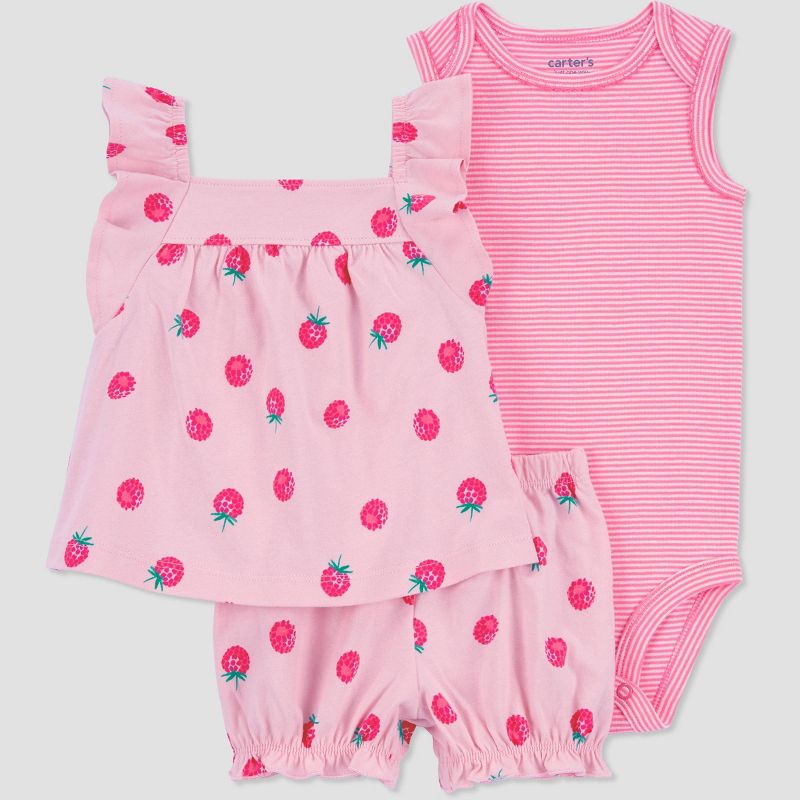 Carter's Just One You® Baby Girls' Striped Raspberries Top & Bottom Set - Pink, 1 of 4