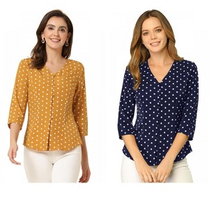 INSPIRE CHIC Women's Polka Dots 3/4 Sleeve Casual Button Front Shirt 2 Pieces - 1 of 4