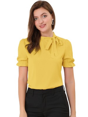 INSPIRE CHIC Women's Bow Tie Neck Solid Color Elastic Cuffs Elegant Office Short Sleeve Blouse