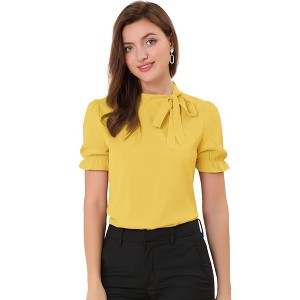 INSPIRE CHIC Women's Bow Tie Neck Solid Color Elastic Cuffs Elegant Office Short Sleeve Blouse - 1 of 4